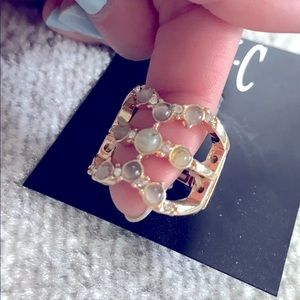 New Ring with Rows of Stones & Crystals Gold-Tone